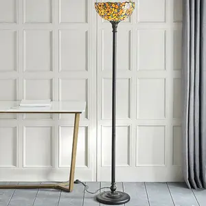 1.7m Tiffany Uplight Floor Lamp Dark Bronze & Flower Stained Glass Shade i00018