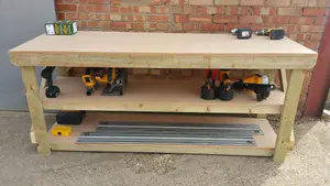 MDF top workbench (H-90cm, D-70cm, L-180cm) with double shelf