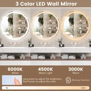 Costway 60 x 60cm LED Bathroom Mirror Wall Mounted Round Mirror w/3-Color Lights