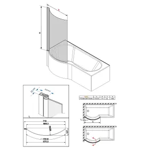 SunDaze 6mm Toughened Safety Glass Curved P Shaped Shower Bath Screen - 1400x715mm Chrome