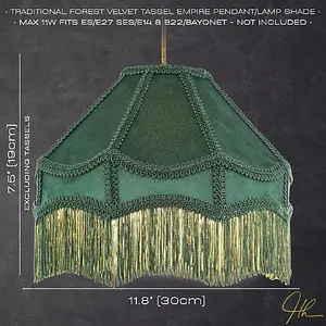 Traditional Victorian Empire Lampshade in Soft Forest Green Velvet with Tassels