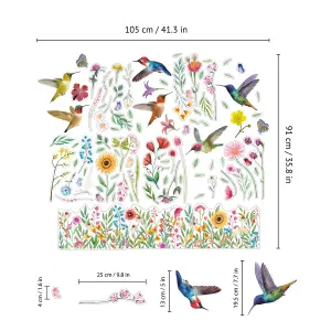 Huge Hummingbirds with Watercolour Wildflower Meadow Spring Window Clings