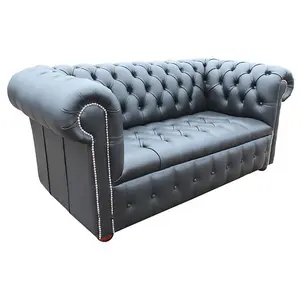 Chesterfield 2 Seater Buttoned Seat Silver Stud Sofa Black Real Leather In Classic Style