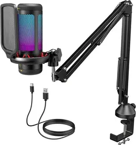 TONOR Gaming USB Microphone With Adjustable RGB Modes & Brightness, Condenser PC Mic With Boom Arm For Streaming Podcast Recording Studio Singing