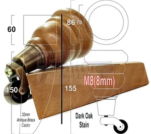 2x DARK OAK STAIN 155mm HIGH WOOD FURNITURE LEGS WITH ANTIQUE CASTOR & 2 BACK FEET SETTEE CHAIRS, SOFAS M8 TSP2007