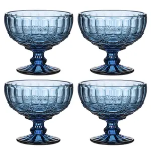 Set of 4 Vintage Sapphire Blue Glass Trifle Bowl and Dessert Bowls