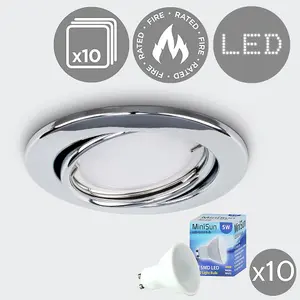 ValueLights Pack of 10 Fire Rated Chrome Tiltable GU10 Recessed Ceiling Downlights - Complete with 5w LED Bulbs 3000K Warm White