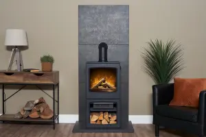 Acantha Lunar XL Electric Stove in Charcoal Grey with Short Angled Pipe in Black