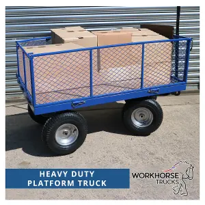 Workhorse Heavy Duty Industrial Platform Truck With Mesh Sides, Plywood Base, 500kg Capacity, Puncture-Proof Wheels & Loop Handle