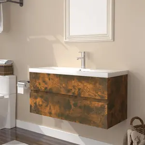 Berkfield Sink Cabinet with Built-in Basin Smoked Oak Engineered Wood