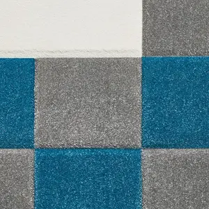 Grey Blue Modern Easy to Clean Bordered Chequered Geometric Rug For Dining Room-80cm X 150cm