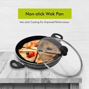 Royalford  28 CM Non-Stick Induction Wok Pan with Glass Lid Deep Cooking Frying Pan Kadai