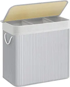 SONGMICS Laundry Hamper Basket with 3 Sections, Clip-on Lid and Handles, Foldable, for Laundry Room, Bedroom, Bathroom, Grey