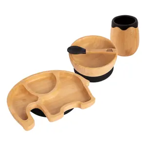 Tiny Dining - Elephant Bamboo Suction Baby Feeding Set - Black - 4pc