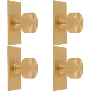 4 PACK - Knurled Radio Cabinet Door Knob & Matching Backplate - Satin Brass 76 x 40mm