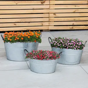 Woodside Filby Vintage Galvanised Flower Planter Tub 3 PACK