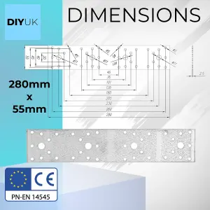 280 x 55 x 2.5mm Flat Joining Metal Plates Brackets ( Pack of: 20 ) Galvanised Steel