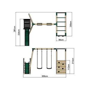 Rebo Wooden Children's Swing Set with Monkey Bars plus Deck & 6ft Slide - Double Swing - Venus Green