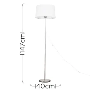 ValueLights Modern Standard Floor Lamp In Brushed Chrome Metal Finish With White Faux Linen Tapered Shade