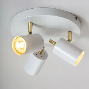 LED Tilting Ceiling Spotlight White & Brass Triple Warm White Kitchen Down Light