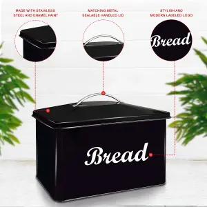 Vintage Style Bread Bin Large Stainless Steel Food Storage Retro Kitchen, Black