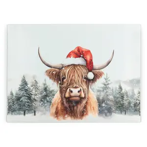 Purely Home Christmas Highland Cow Glass Worktop Saver - Cutting/Chopping Non-Slip Board Kitchen Gift