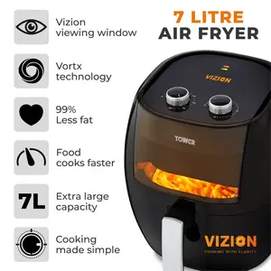 Tower T17071 7L Vortx Vizion Manual Air fryer with Viewing window, Rapid air circulation technology for faster, healthier cooking , 1800w, Black