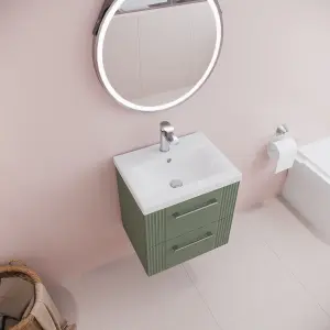 Retro 2 Drawer Wall Hung Vanity Unit with Mid-Edge 1 Tap Hole Ceramic Basin - 500mm - Satin Green - Balterley