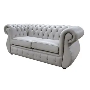 Chesterfield 2 Seater Vele Cloud Grey Leather Sofa Bespoke In Kimberley Style