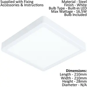 Wall / Ceiling Light White 210mm Square Surface Mounted 16.5W LED 3000K