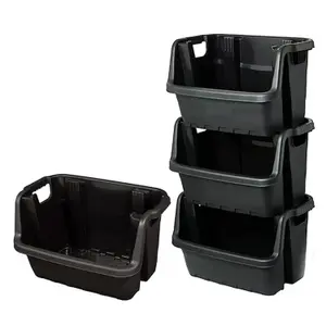 Set of 6 Open Fronted Black Plastic Crates Heavy Duty Stackable Storage Boxes