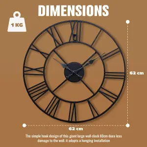 60cm Big Roman Numerals Giant Metal Outdoor Garden Wall Clock Indoor Silent Black Non-Ticking