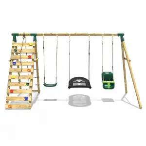 Rebo Wooden Swing Set with Up and Over Climbing Wall - Skye Green