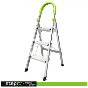 StepIt 3 Step Ladder Portable Folding Aluminium Deep Steps 3 Year Warranty Anti-Slip Soft Grip 150kg Capacity Small Ladder