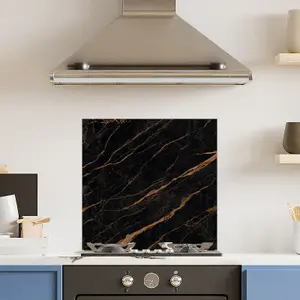 Premium 60cm  x 60cm 6mm Glass Black Gold Marble Kitchen Splashback Toughened Polished Edge