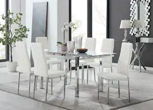 Enna White Glass Extending Dining Table and 6 White Milan Chairs