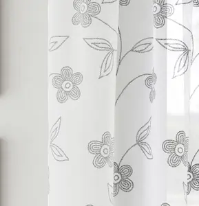 Pair of Sienna Grey Floral Paste Print Patterned Voile Panels with Rod Pocket Header 137 CM