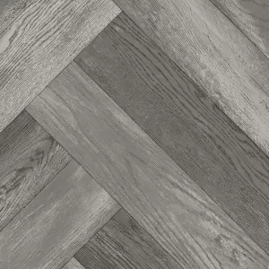 Grey Wood Effect Herringbone Vinyl Flooring For LivingRoom, Kitchen, 2.7mm Cushion Backed Vinyl Sheet-4m(13'1") X 4m(13'1")-16m²