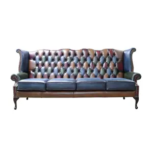 Chesterfield 4 Seater High Back Wing Sofa Antique Patchwork Leather In Queen Anne Style