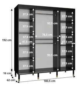 Bergen Contemporary 2 Sliding Door Wardrobe Gold Handles Marble Effect 9 Shelves 2 Rails Black (H)2080mm (W)1800mm (D)620mm