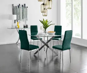 Furniturebox UK Novara 120cm Round Dining Table and 4 Green Velvet Milan Chairs