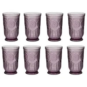 Set of 8 Luxury Embossed Purple Tall Drinking Glass Tumblers 330ml