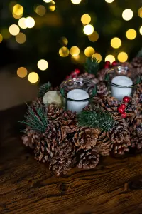 Christmas Candle Holder Tea Light Glass Votive Pine Cone Home Decor Berries Xmas