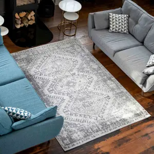 Silver Grey Bordered Geometric Distressed Area Rug 80x150cm