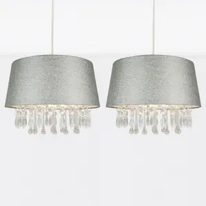 First Choice Lighting Set of 2 Sparkle Grey Jewelled Easy Fit Light Shades