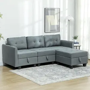 HOMCOM Convertible Modular Sectional Sofa w/ Storage Wood Frame Dark Grey