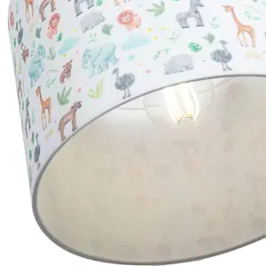 Safari Themed White Cotton Lamp Shade with Hand Drawn Pastel Coloured Animals