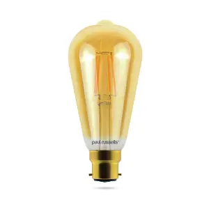 paul russells LED Filament Dimmable ST64 Bulb, BC B22, 7W 725 Lumens, 60w Equivalent, 2200K Extra Warm White Amber