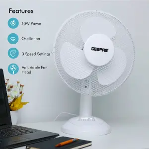 Geepas 12 inch 3 Speed Portable Desk Fan- Low Noise, Oscillating, Home Office Cooling Fan