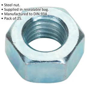 25 Pack of M12 Steel Hex Nuts - 1.75mm Pitch - DIN 934 Certified Quality